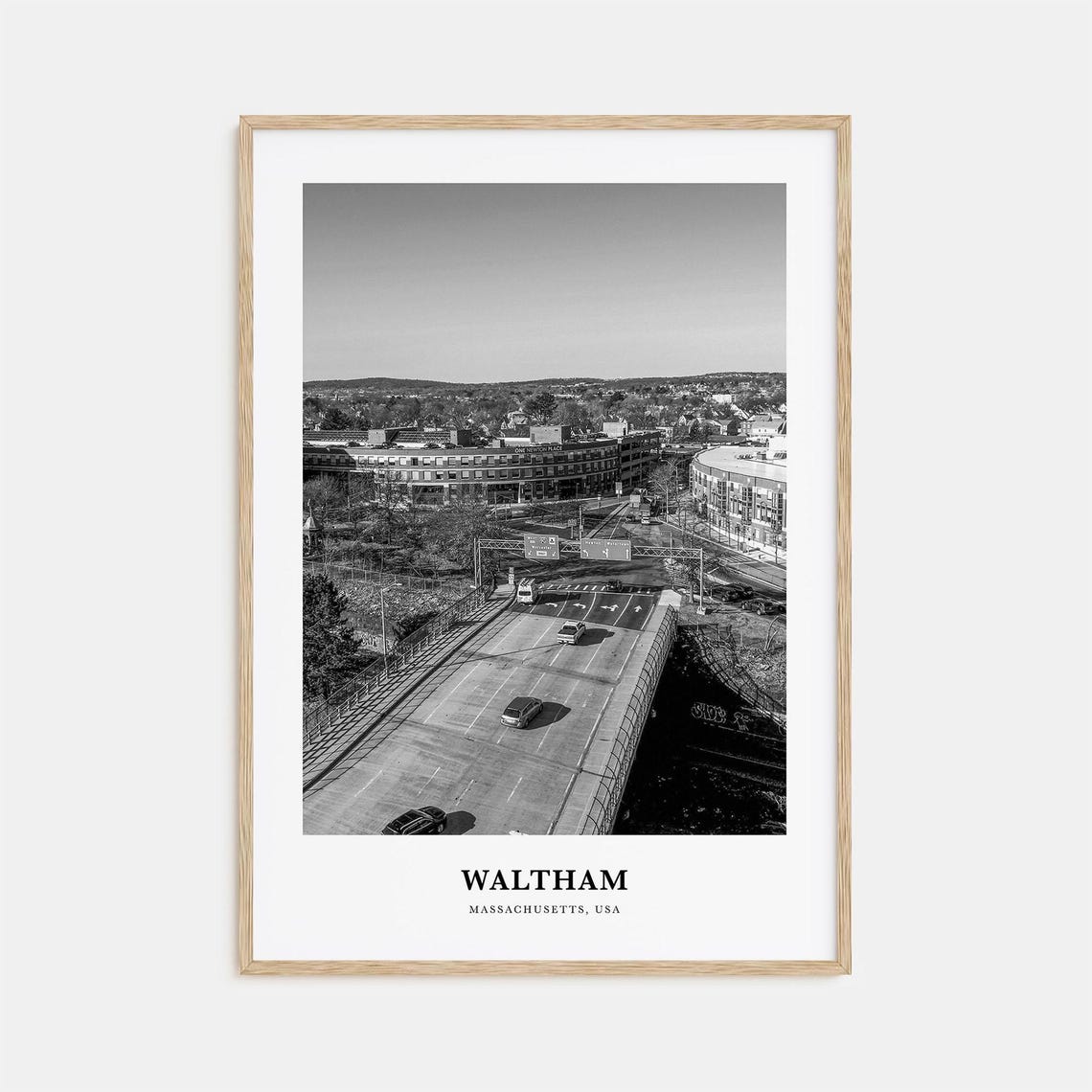 Waltham Massachusetts Highway Bridge Aerial View Black White Poster