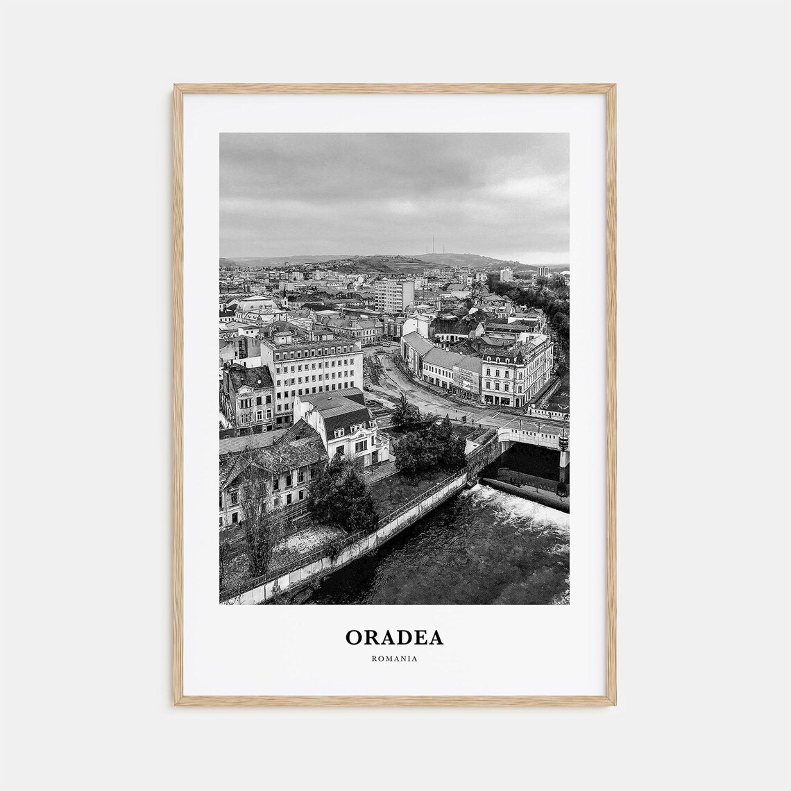 Oradea Romania Riverside Old Town Aerial Black White Travel Poster
