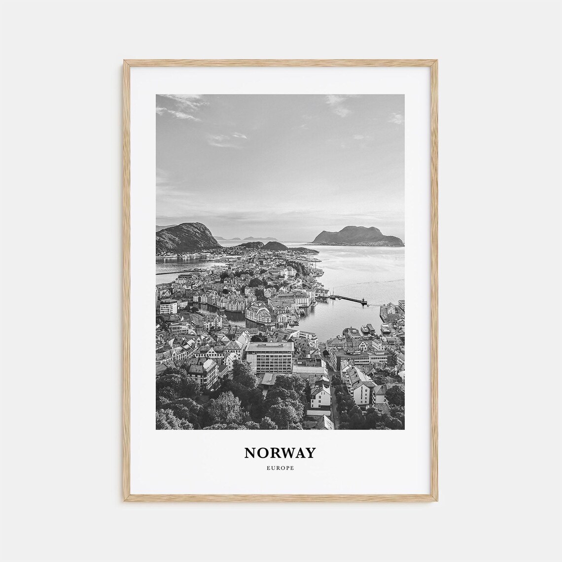 Norway Coastal Harbor City Aerial View in Black and White Poster