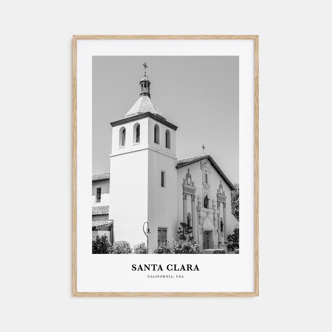 Santa Clara California Historic Mission Church Black White Poster