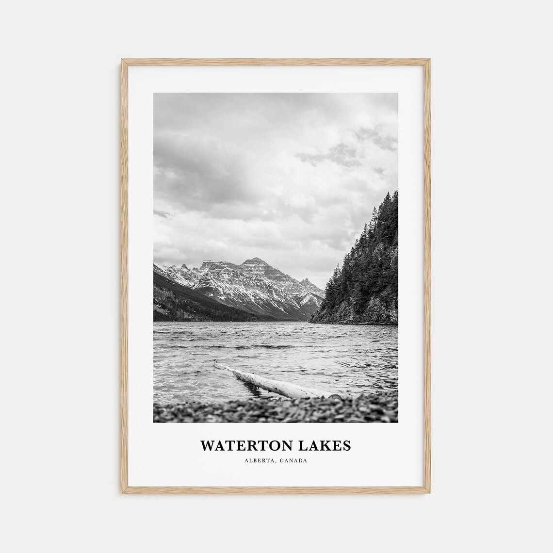 Waterton Lakes Alberta Snow Peak Mountain Lake Black White Poster