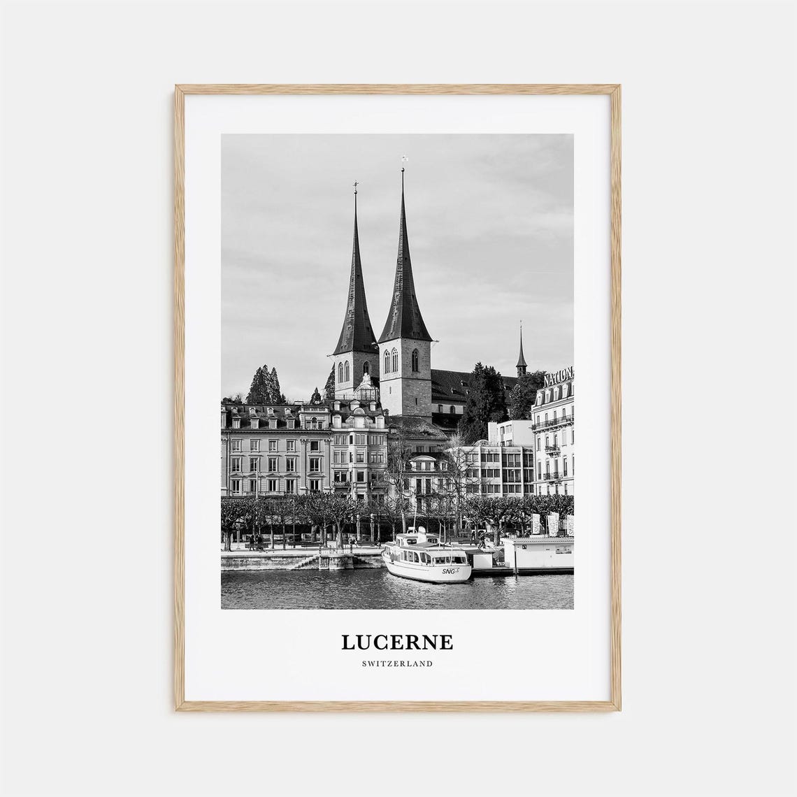 Lucerne Waterfront with Twin Church Spires Switzerland Travel Poster