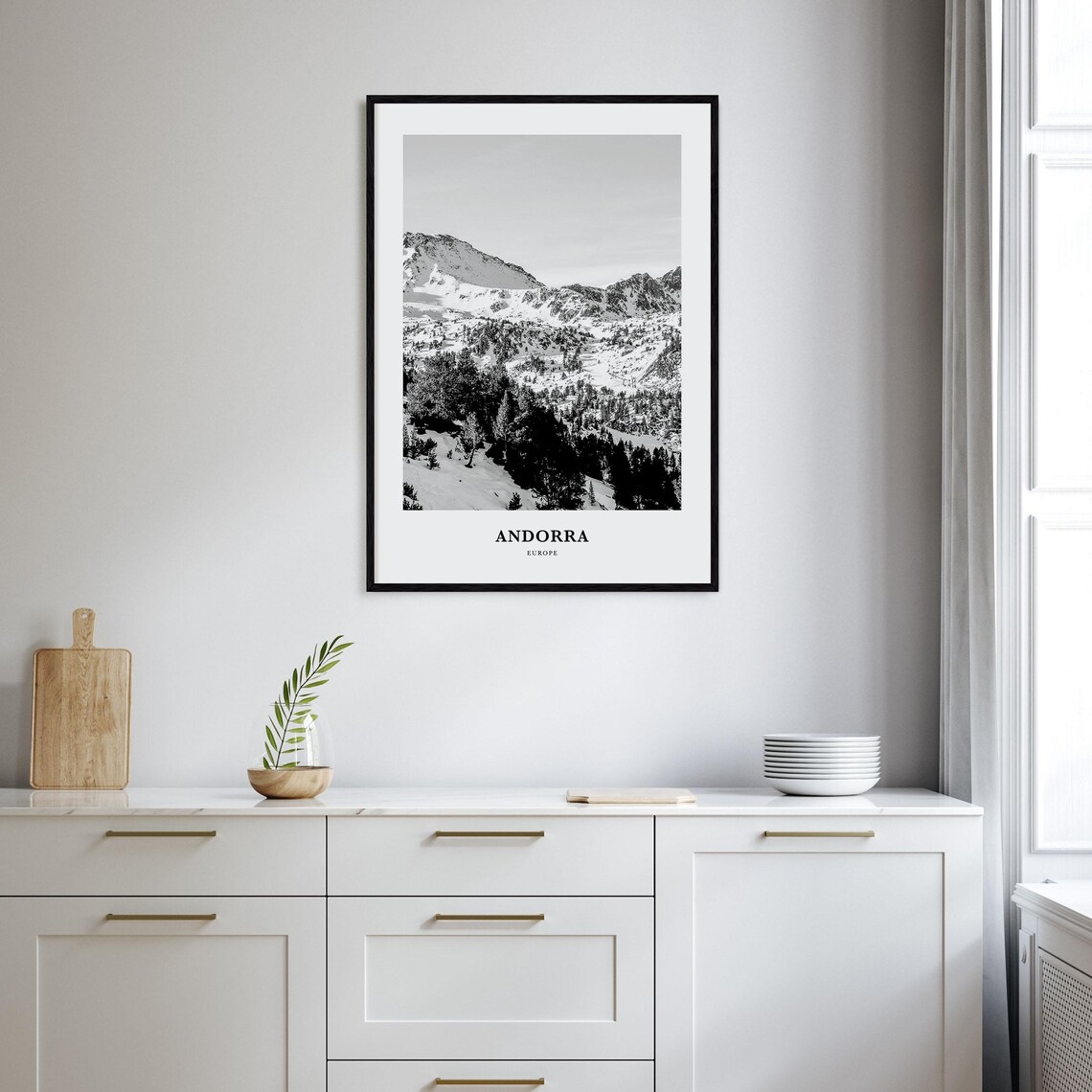 Andorra Snowy Pyrenees Mountains Black and White Winter Poster - Image 2