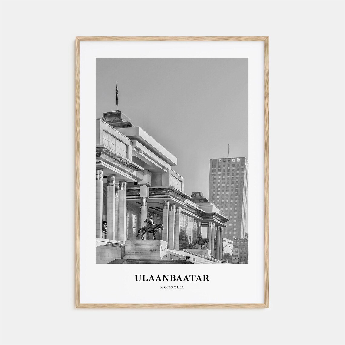 Ulaanbaatar Mongolia Government Palace Horsemen Black White Poster