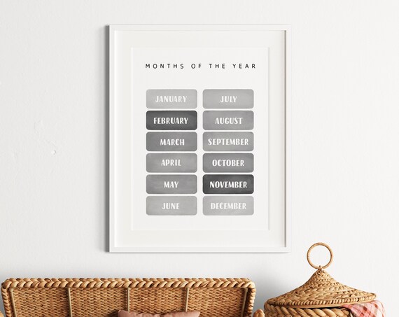 Months of the Year Gray Minimalist Nursery Learning Wall Poster