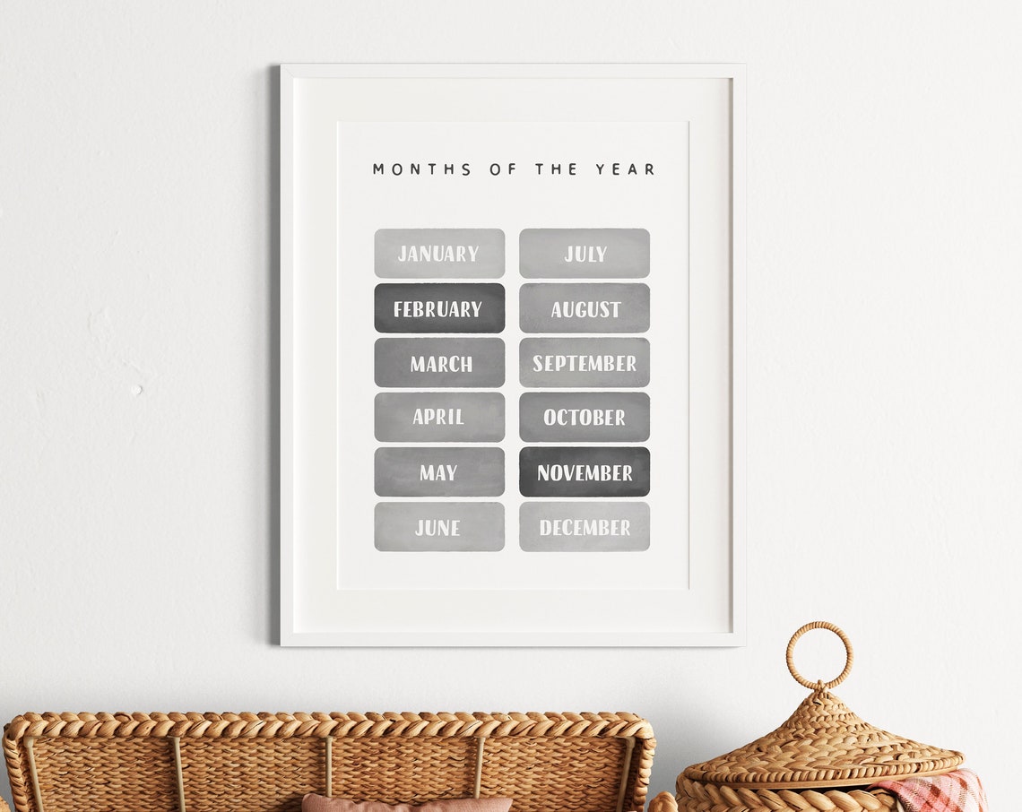 Months of the Year Gray Minimalist Nursery Learning Wall Poster