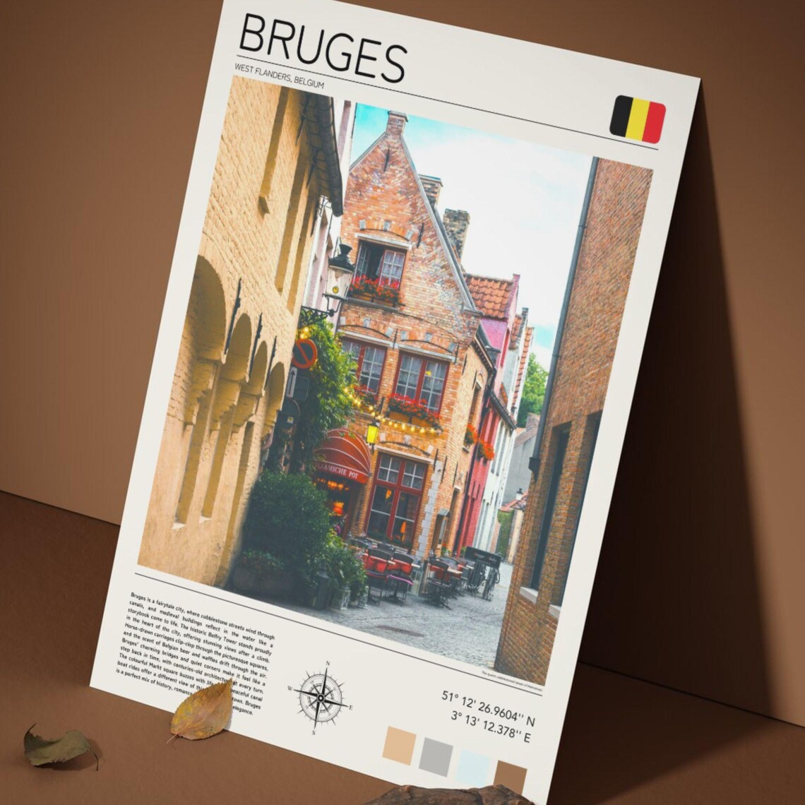 Bruges Belgium Brick Street Old Town Travel Poster With Flag Detail - Image 5