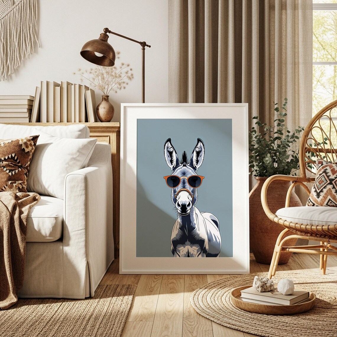 Donkey Wearing Sunglasses Minimalist Funny Animal Portrait Art Poster