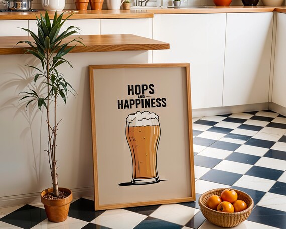 Hops And Happiness Beer Print Pint Glass Wall Art Funny Bar Decor