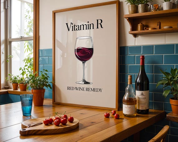 Vitamin R Wine Print Red Remedy Poster Funny Kitchen Wall Art