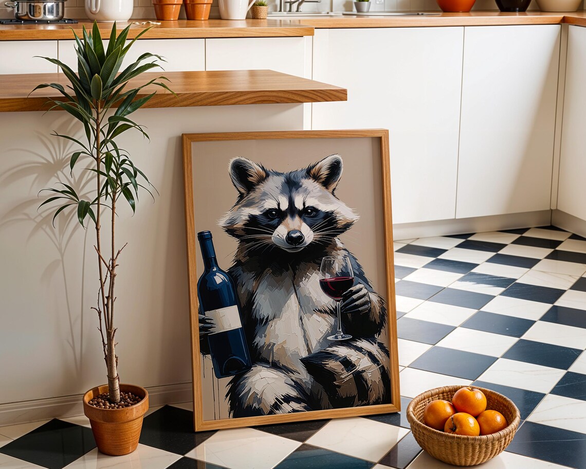 Raccoon Wine Art Print Whimsical Kitchen Wall Decor