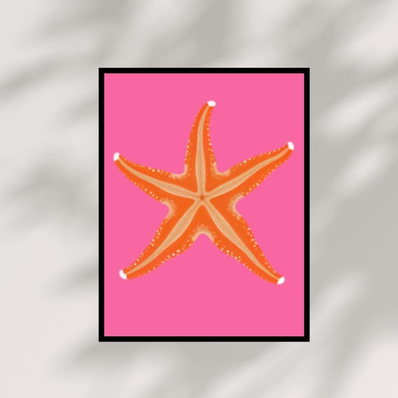 Bold Orange Starfish Art Print Pink Background Modern Coastal Wall Decor