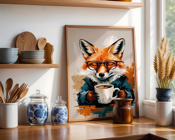 Whimsical Fox Coffee Art Print Teal Jacket Tortoiseshell Glasses