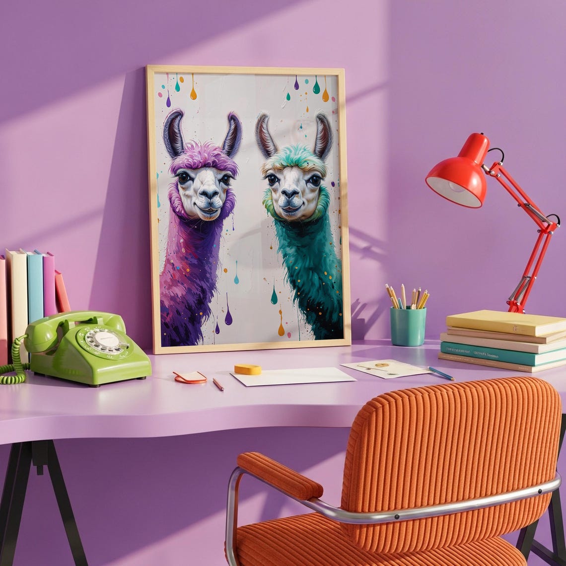 Two Colorful Llamas Purple Teal Pop Art Splash Animal Poster