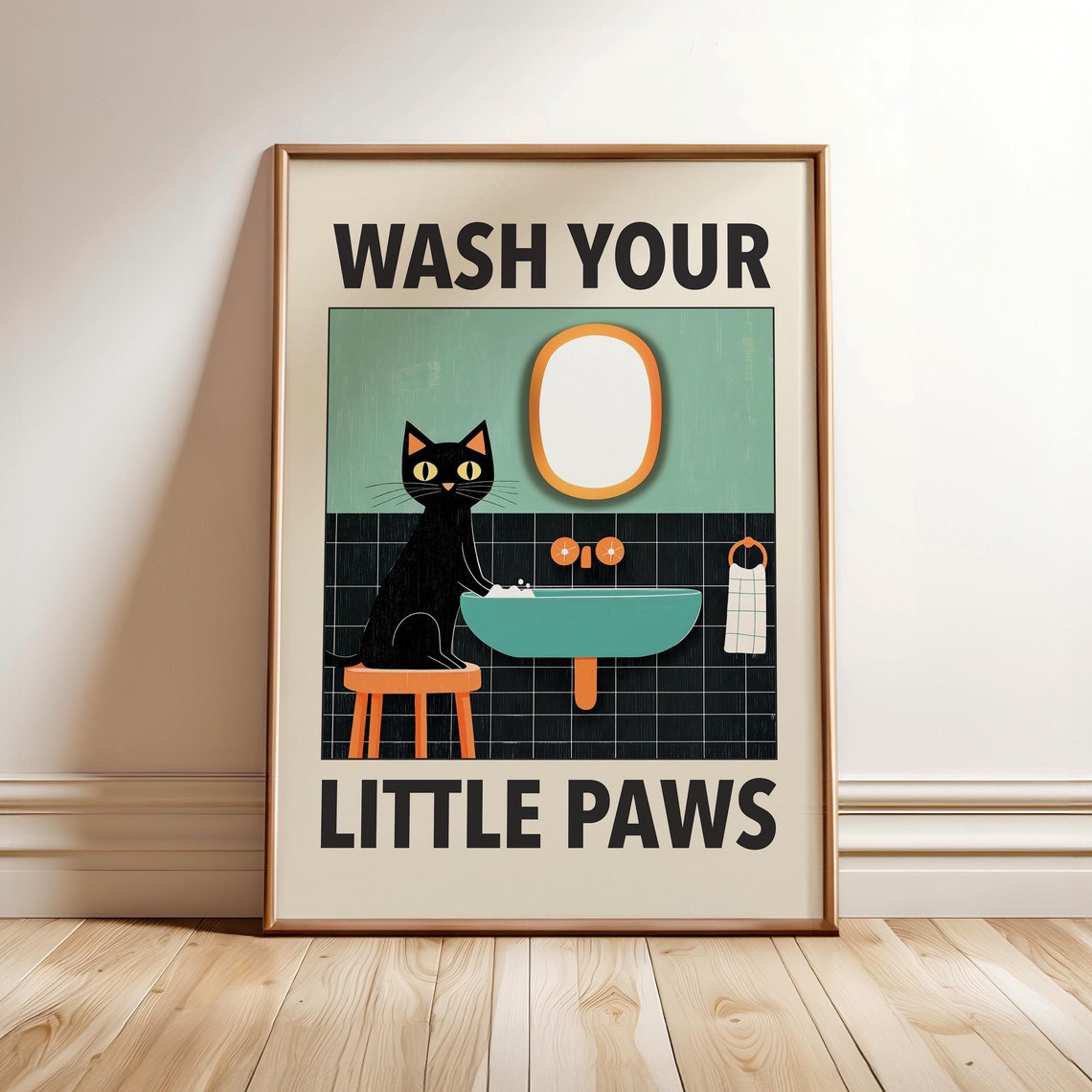 Wash Your Little Paws Black Cat Bathroom Retro Funny Art Poster