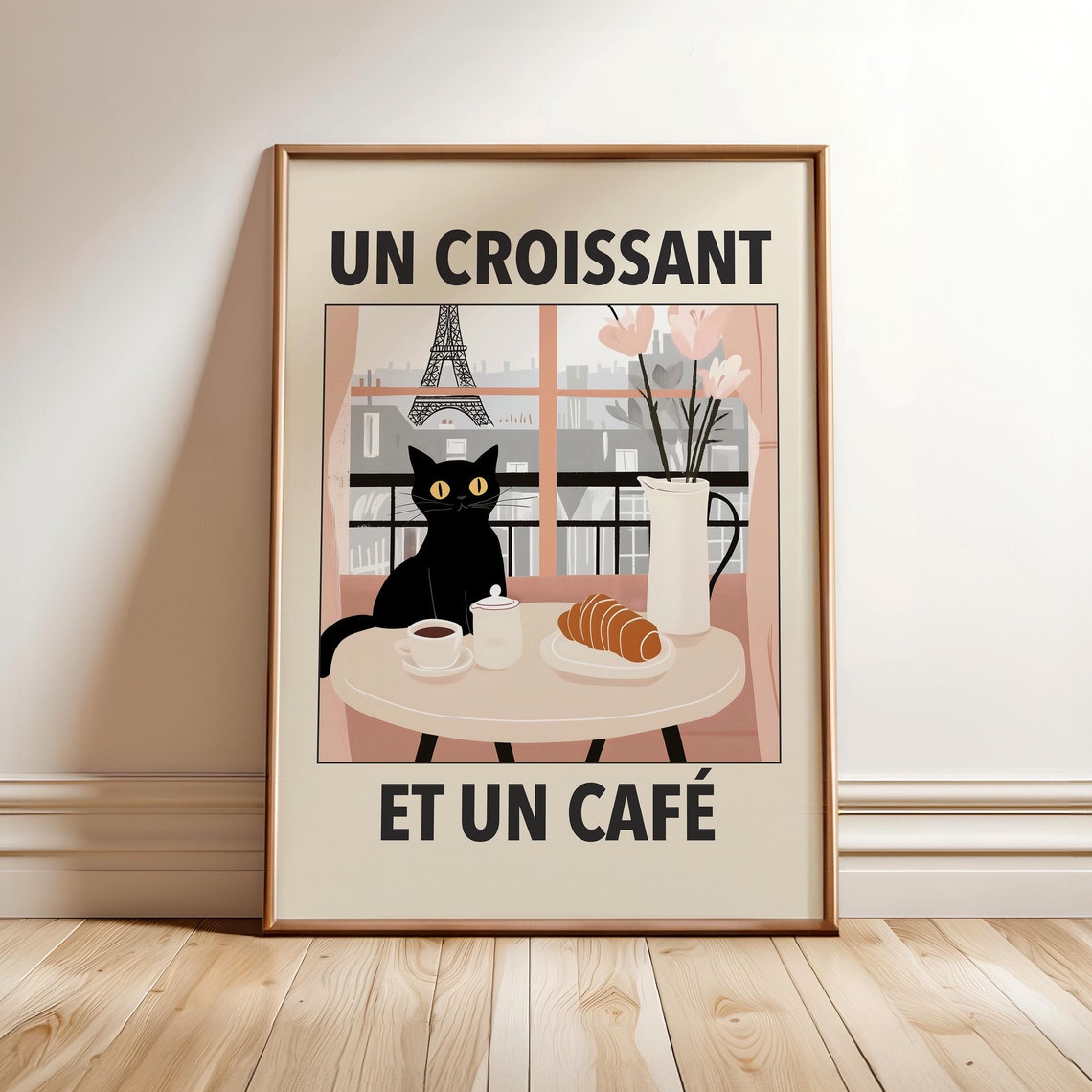 French Cafe Black Cat Print Coffee And Croissant Poster Un More Espresso Kitchen Wall Art Optional Frame