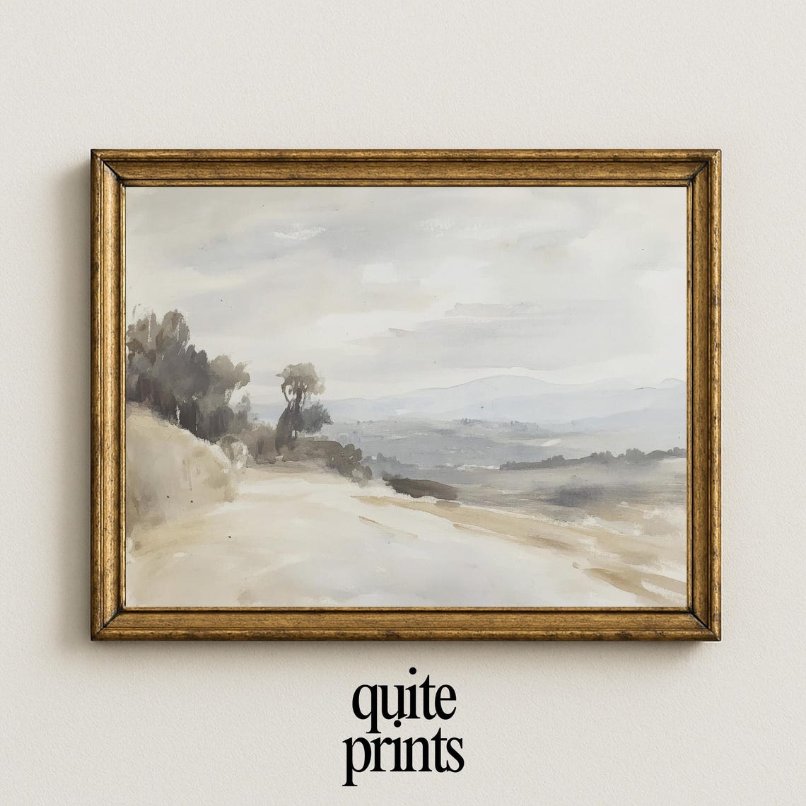 Misty Country Road Soft Gray Neutral Watercolor Countryside Poster