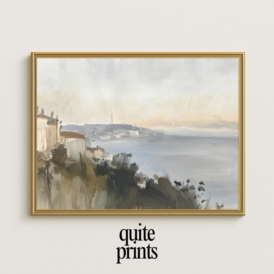 Seaside Hillside Village Calm Bay Sunset Pink Sky Watercolor Mediterranean Coast Poster
