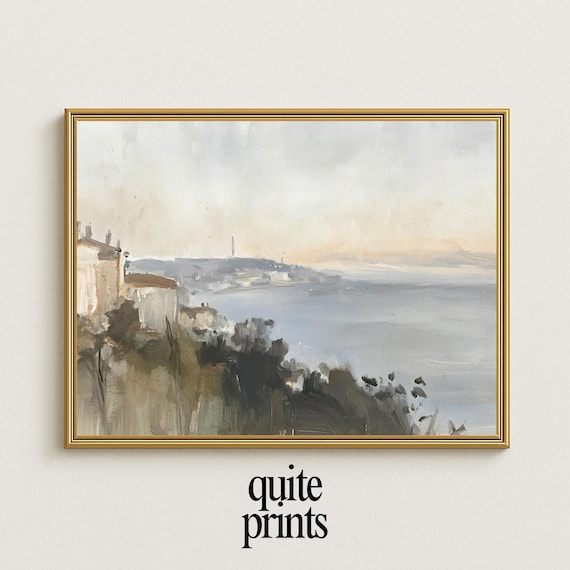 Seaside Hillside Village Calm Bay Sunset Pink Sky Watercolor Mediterranean Coast Poster