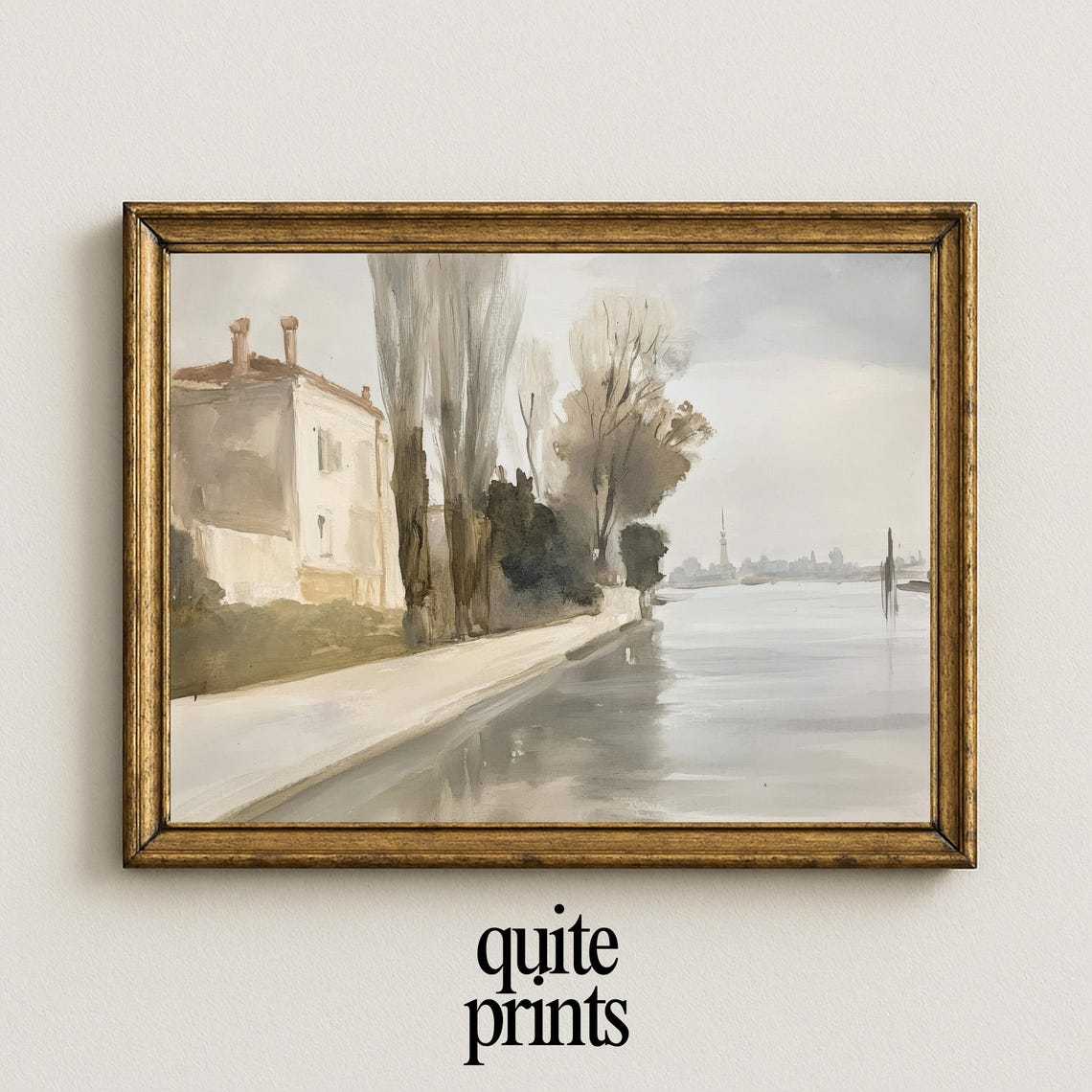 Riverside City Watercolor Poplar Trees Serene River Scene Poster