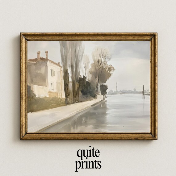 Riverside City Watercolor Poplar Trees Serene River Scene Poster