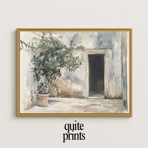 Mediterranean Courtyard Wall Art Rustic Neutral Architecture Painting Vintage Outdoor Decor For Living Room Bedroom And Kitchen