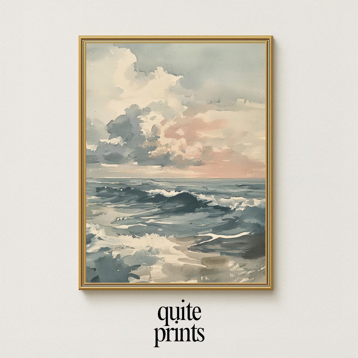 Rolling Ocean Waves Watercolor Pink Cloud Seascape Art Poster