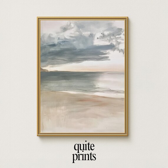 Moody Gray Seascape Storm Clouds Dark Sea Beige Shore Retro Neutral Coastal Wall Art
