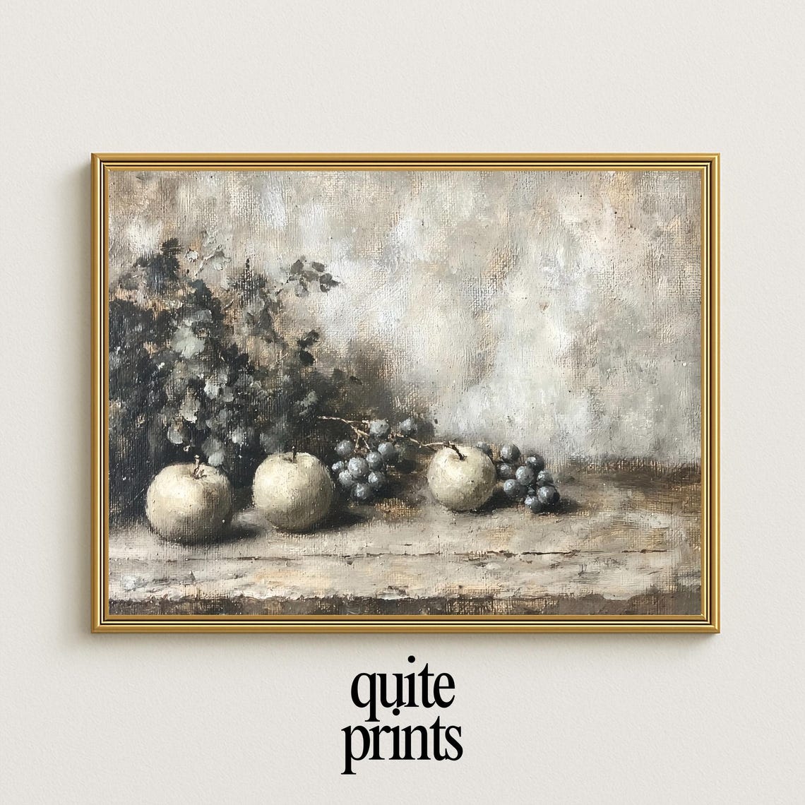 Rustic Apple and Grape Still Life Painting Vintage Kitchen Art Poster