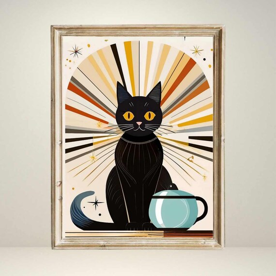 Mid Century Modern Cat and Coffee Kitchen Art Print