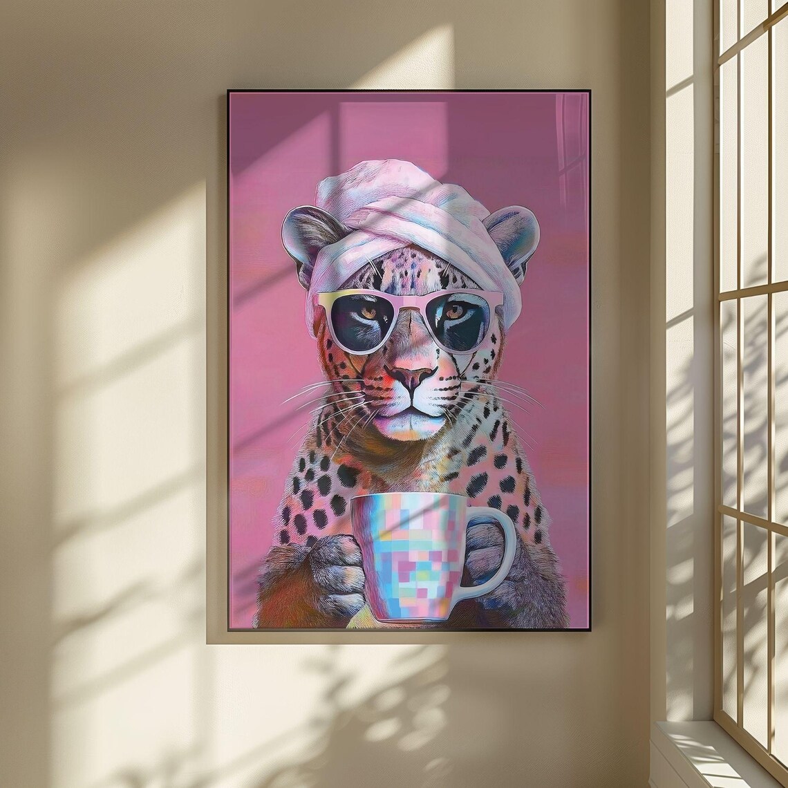 Leopard Drinking Coffee, Maximalist Oil Painting