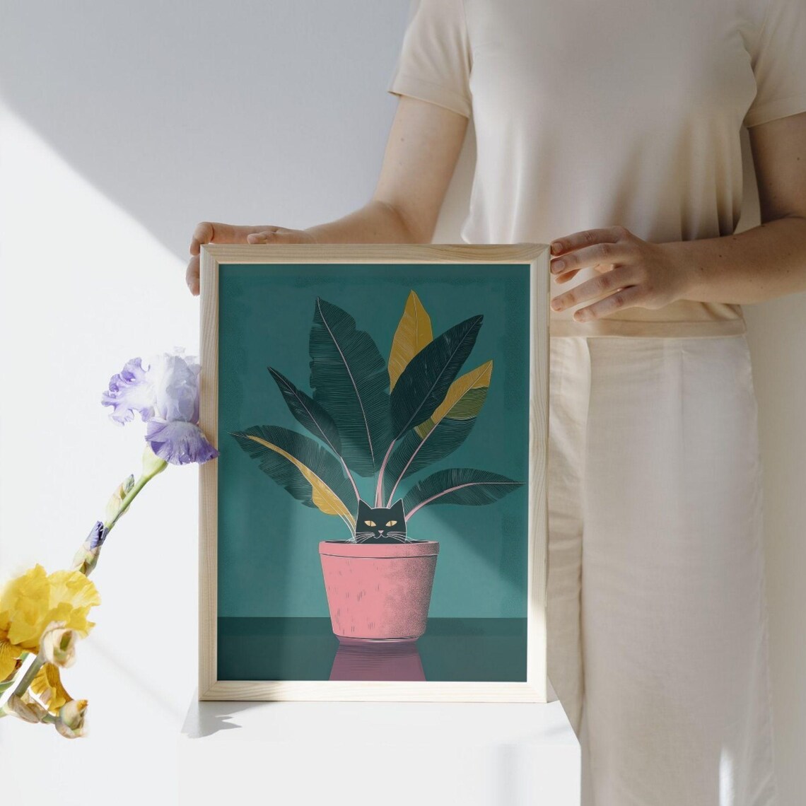 Black Cat Hiding In Plant Pot, Modern Illustration - Image 5