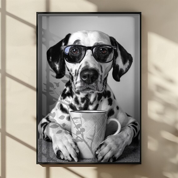 Dalmatian Dog Drinking Coffee, Funny Kitchen Art Print