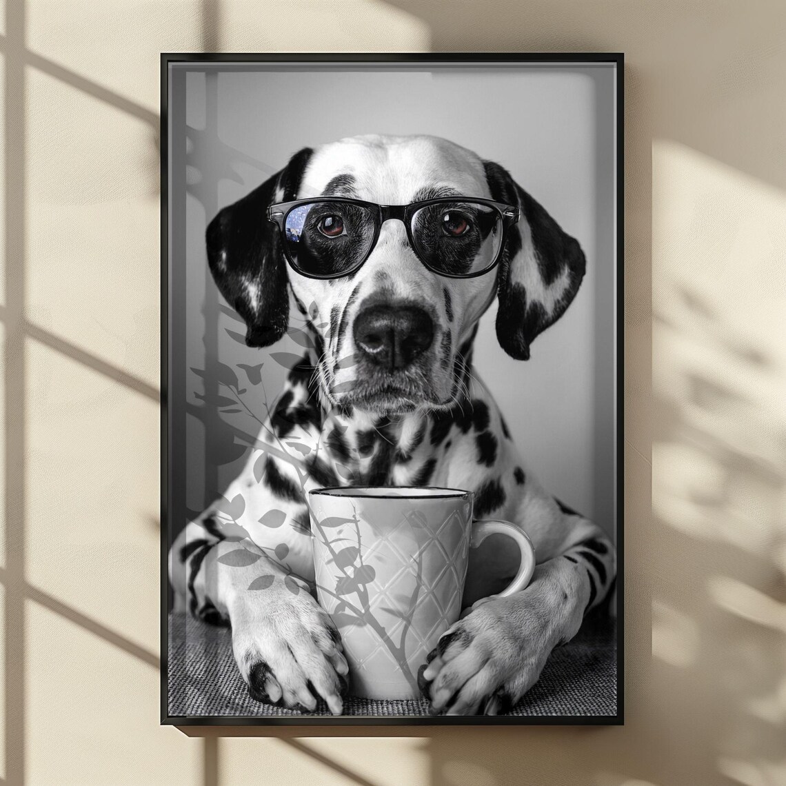 Dalmatian Dog Drinking Coffee, Funny Kitchen Art Print