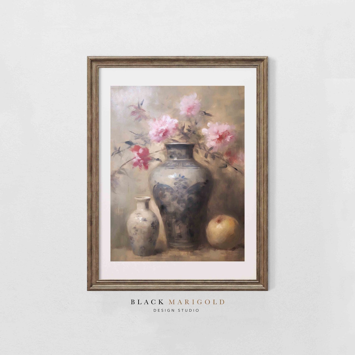 Pink Peonies in Blue Porcelain Vase Vintage Still Life Poster