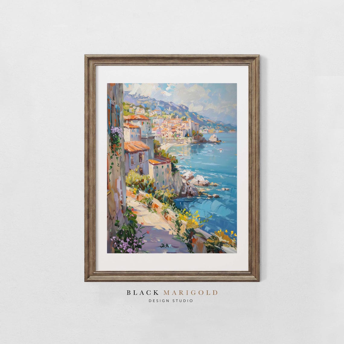 Amalfi Coast Village Overlooking the Sea Impressionist Poster - Image 2