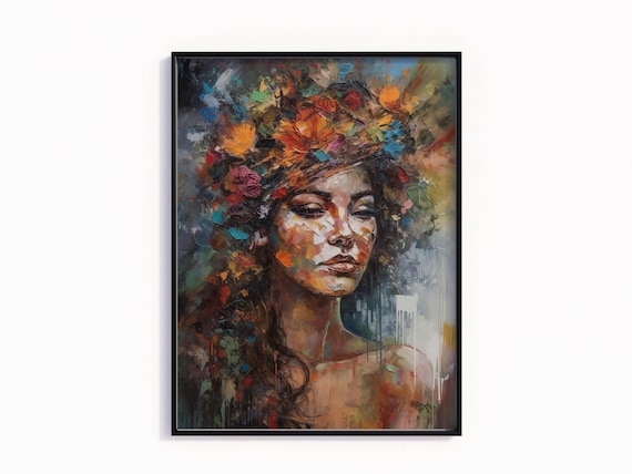 Colorful Abstract Woman Portrait Floral Oil Painting Wall Print
