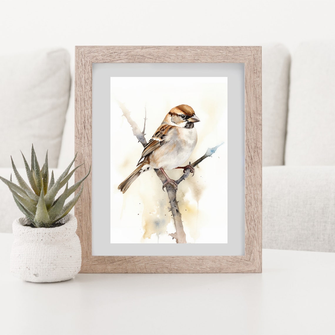 Watercolor Sparrow Perched On Branch Minimalist Bird Painting Poster
