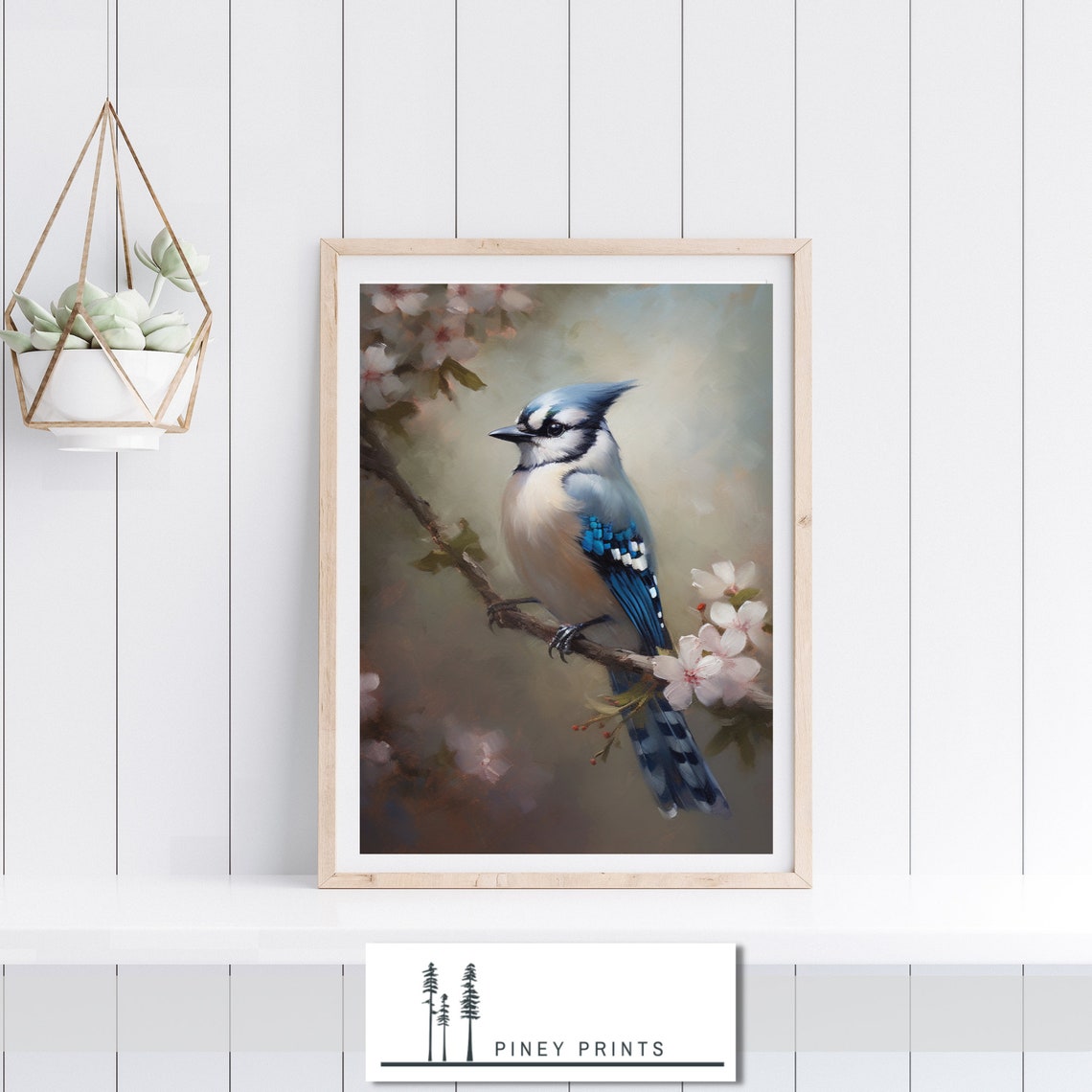 Blue Jay Cherry Blossom Branch Spring Bird Painting Nature Wall Poster - Image 3