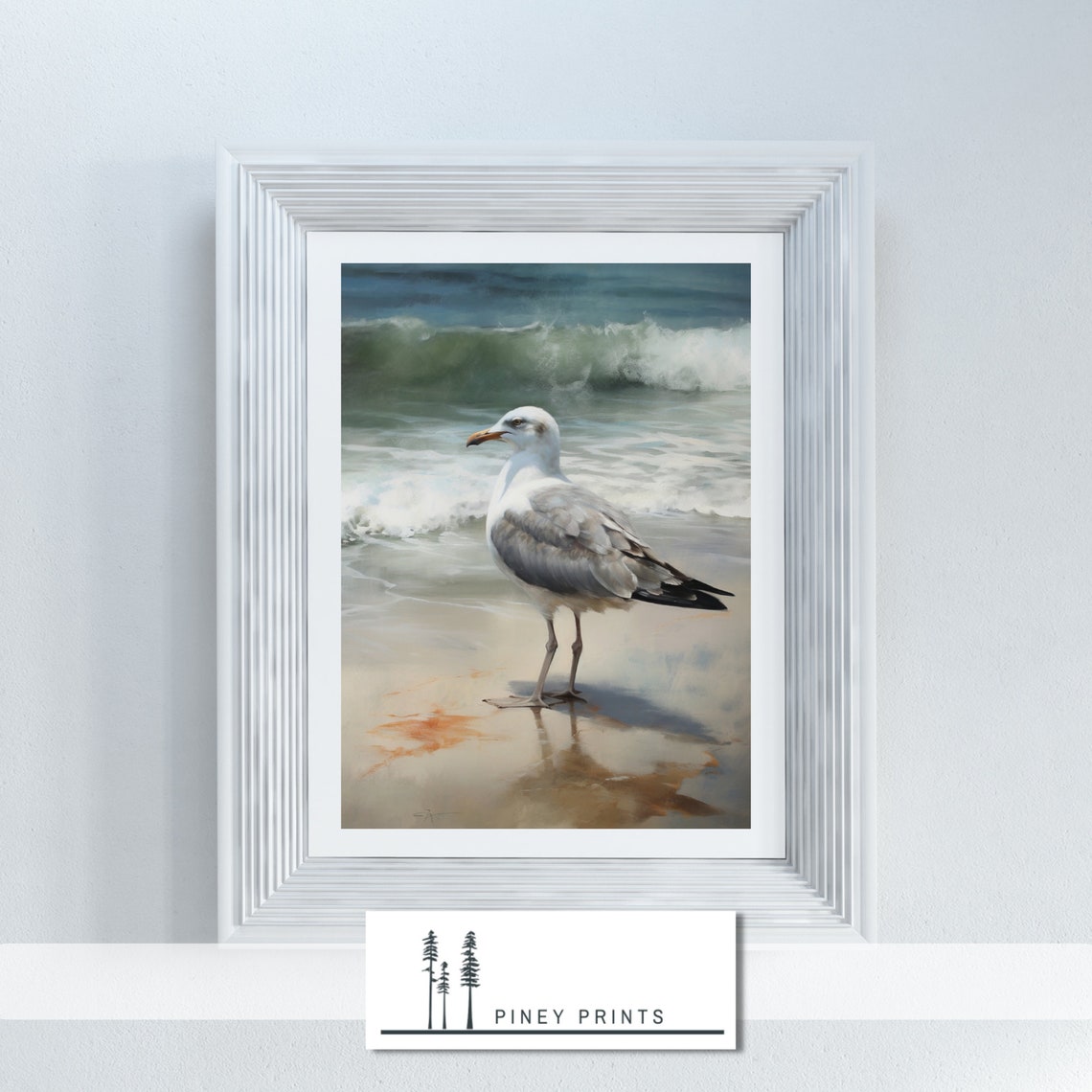 Seagull On Sunlit Beach Breaking Waves Coastal Bird Painting Poster - Image 2