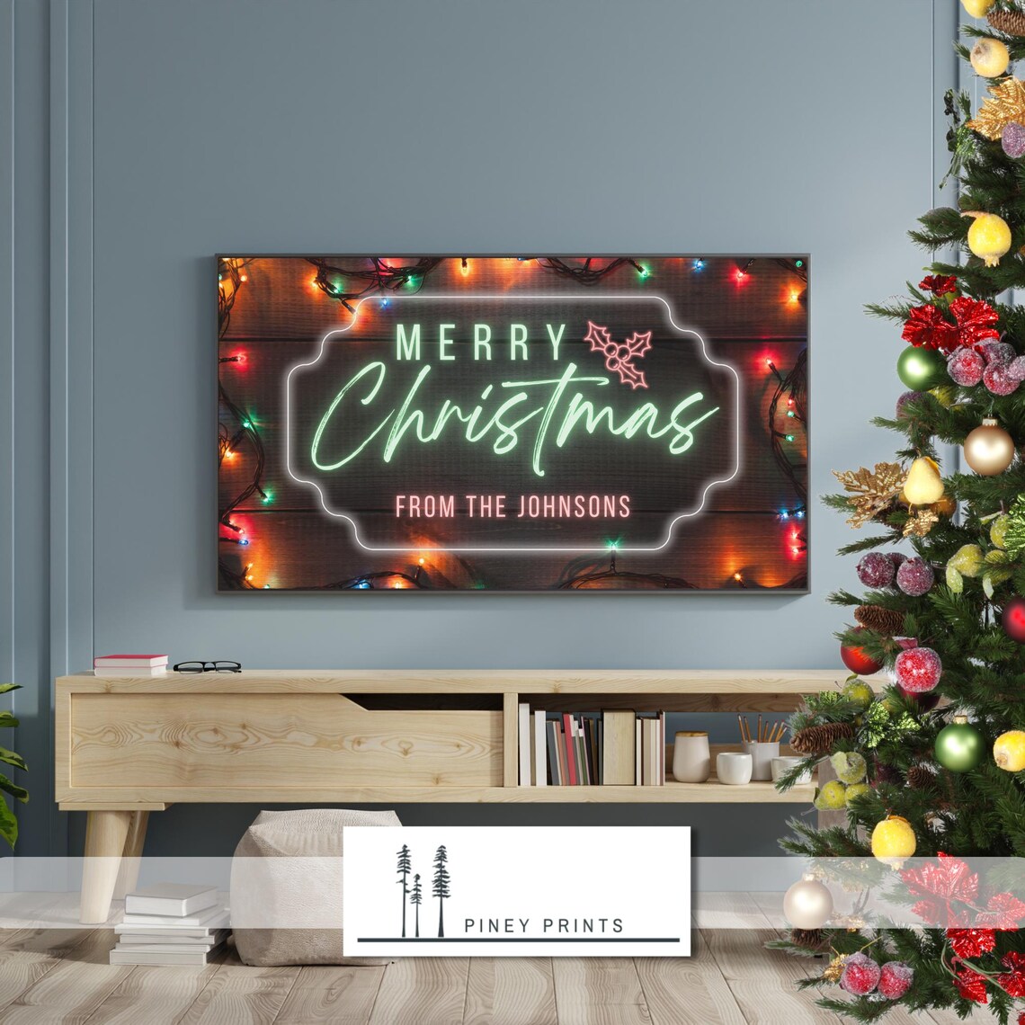 Merry Christmas Custom Family Name Neon Holiday TV Frame Poster