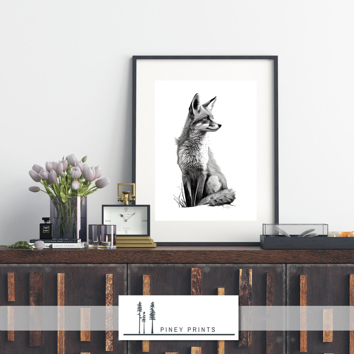 Red Fox Black White Pencil Sketch Wildlife Portrait Art Poster - Image 3