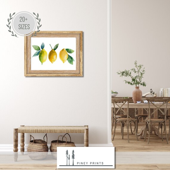 Three Lemons Watercolor Citrus Fruit Kitchen Decor Bright Poster