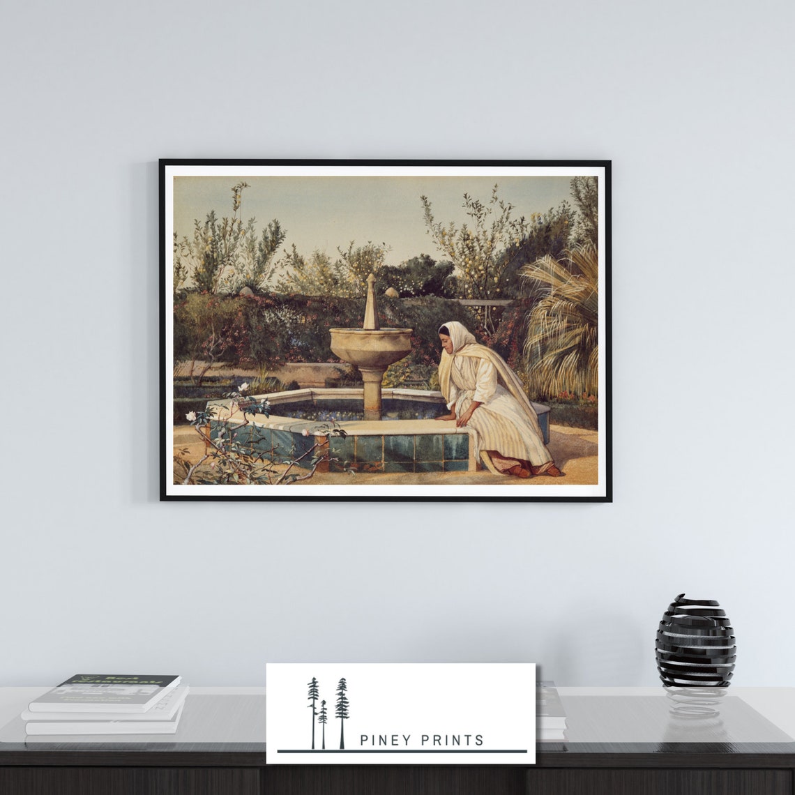 Woman Resting By Stone Fountain In Lush Walled Garden Painting Poster - Image 4