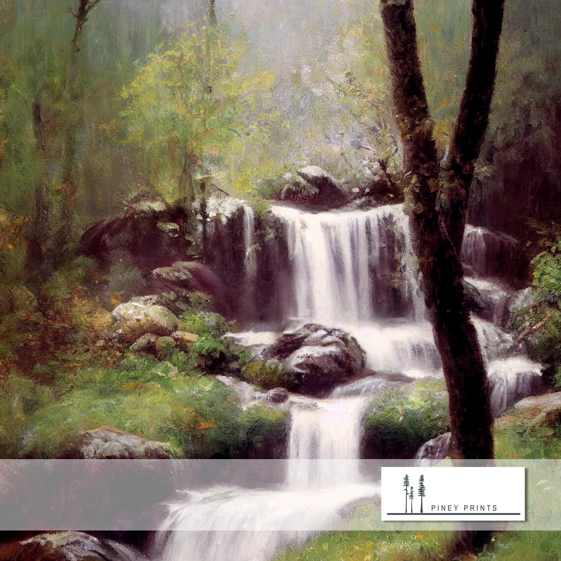 Spring Forest Waterfall Landscape, Impressionist Painting - Image 2