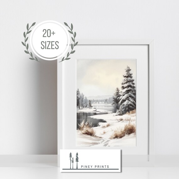 Snowy River Bank Winter Pine Landscape Frozen Water Scene Poster