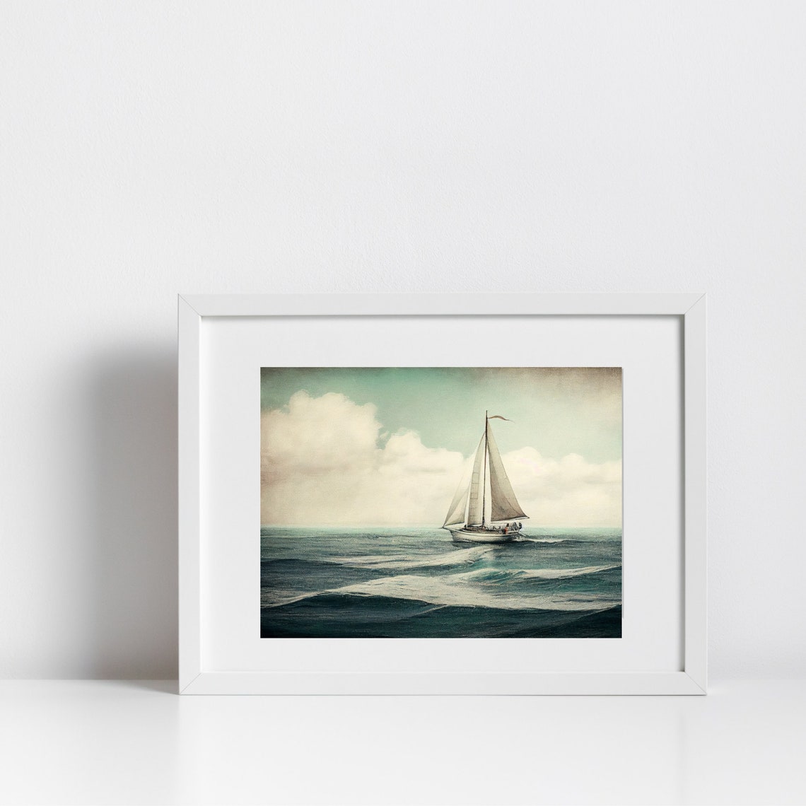 Lone Sailboat on Open Ocean Vintage Nautical Seascape Painting Poster - Image 3