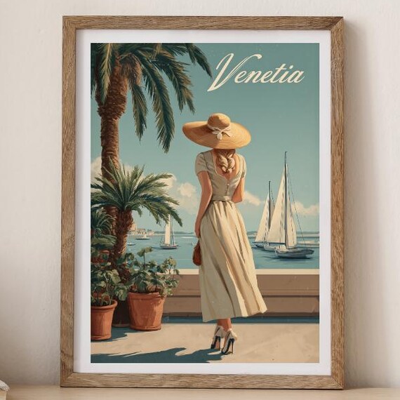 Venetia Vintage Travel Poster Woman In White Dress By Sailboats