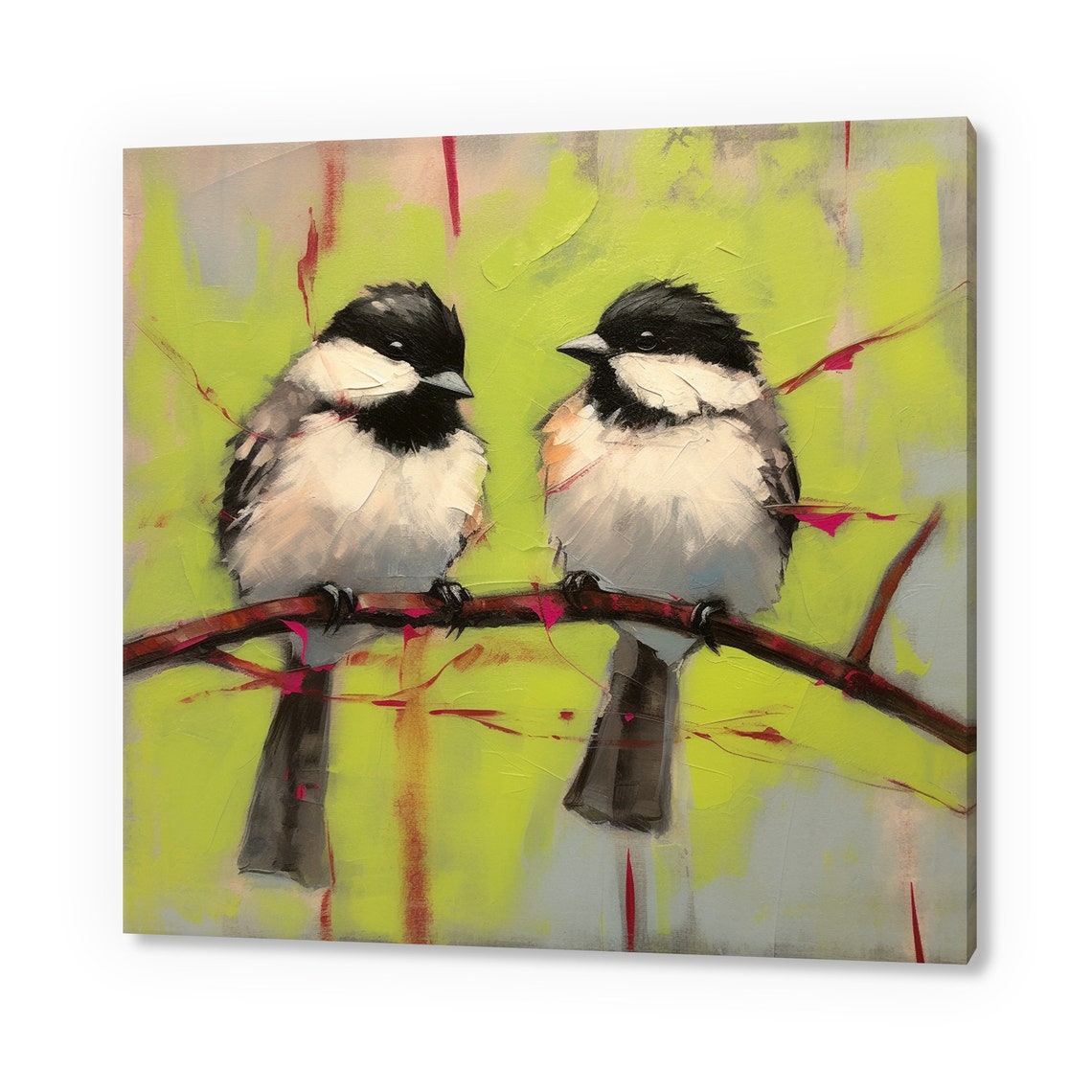 Two Chickadees On Branch Lime Green Modern Oil Painting Bird Poster