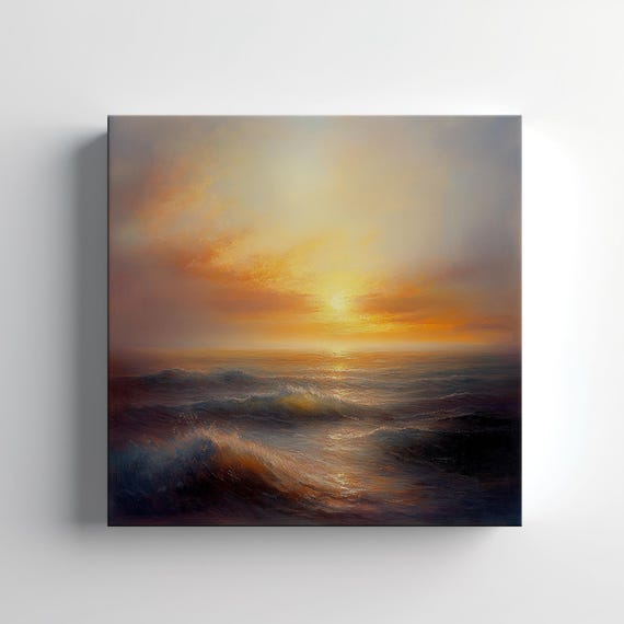 Sunset Seascape Vintage Oil Painting Style Print Wall Hanging Living Room Decor Modern Design Rustic Scenic Country Home Art